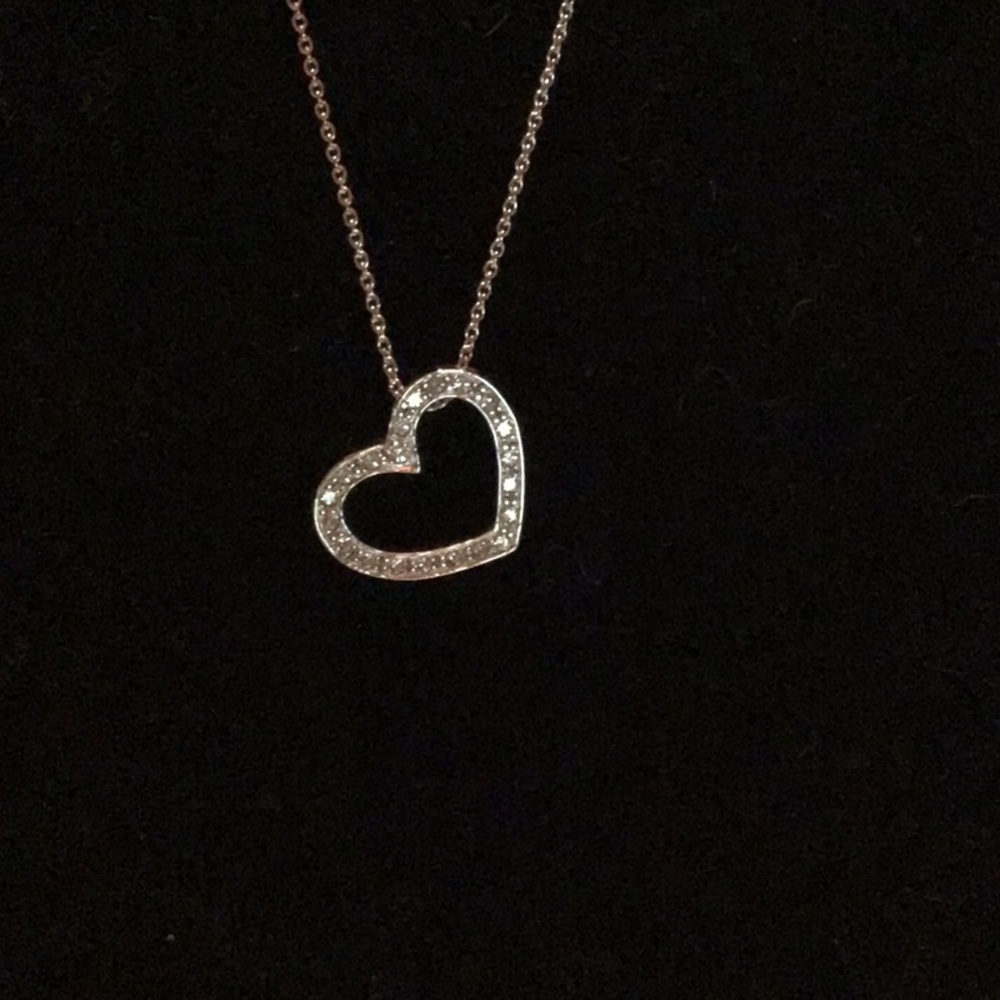 New Dangling Heart Necklace, 16”L, Silvertone w/ clear CZ. 16”L 3/4”Lx 3/4”W